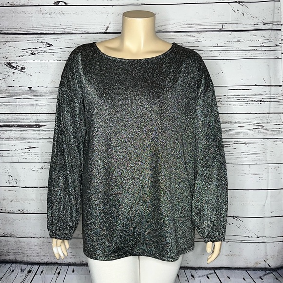 C. Oliver NWT Size 2X Black - Silver Shimmer Long Sleeve Peasant Blouse Top - Picture 1 of 5